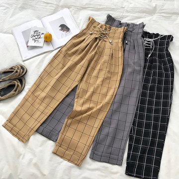 Women's Plaid Pants Lace Up With Pocket Paperbag High Waist Ankle Pants Spring Summer Female Trousers