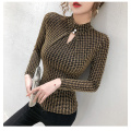 2020 Spring Summer Elastic Shiny Clothes Houndstooth T-shirt Sexy Hollow Out Women Tops Ropa Mujer Bottoming Shirt Tees T02313
