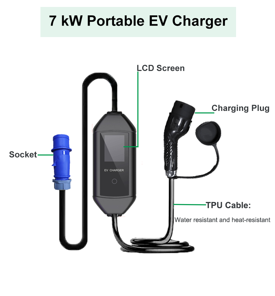 7kW AC Portable Type EV Charger LCD Display