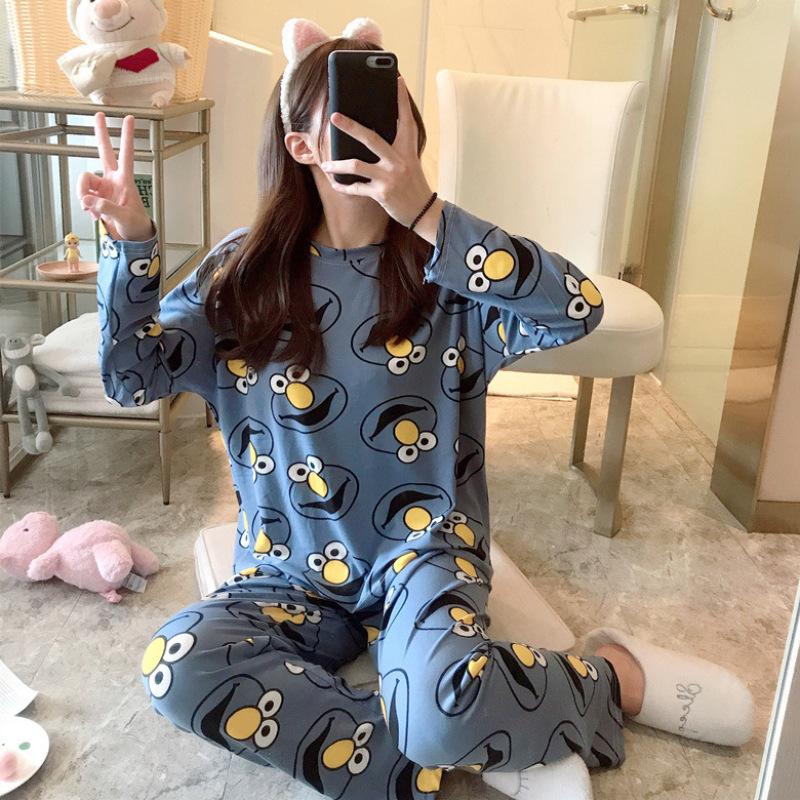 2020 New Autumn Winter 2pieces Pyjamas Set Women Girls Cotton Round Neck Pajamas Sets Teacup Cat Sleepwear Clothes Free