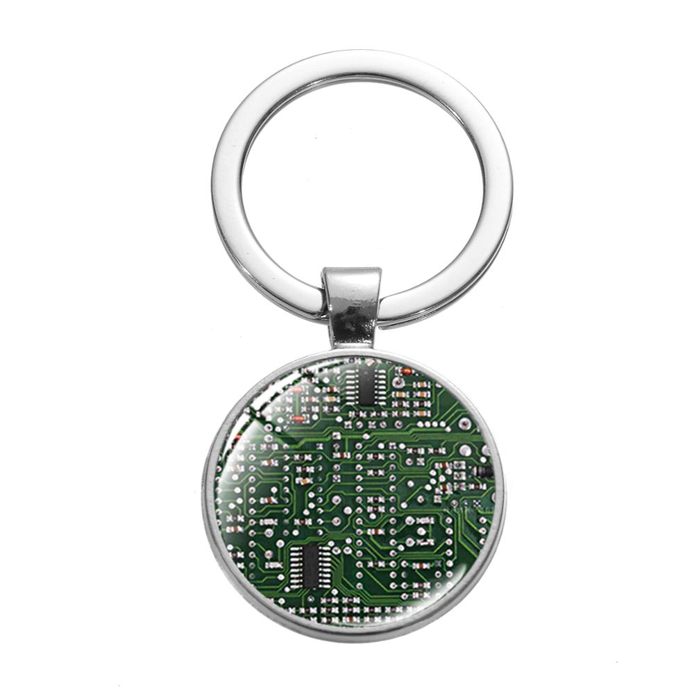 SIAN Hot Fashion Computer Green Circuit Board Keychain Handmade Geometry Glass Cabochon Pendant Metal Keyring Men Student Gifts