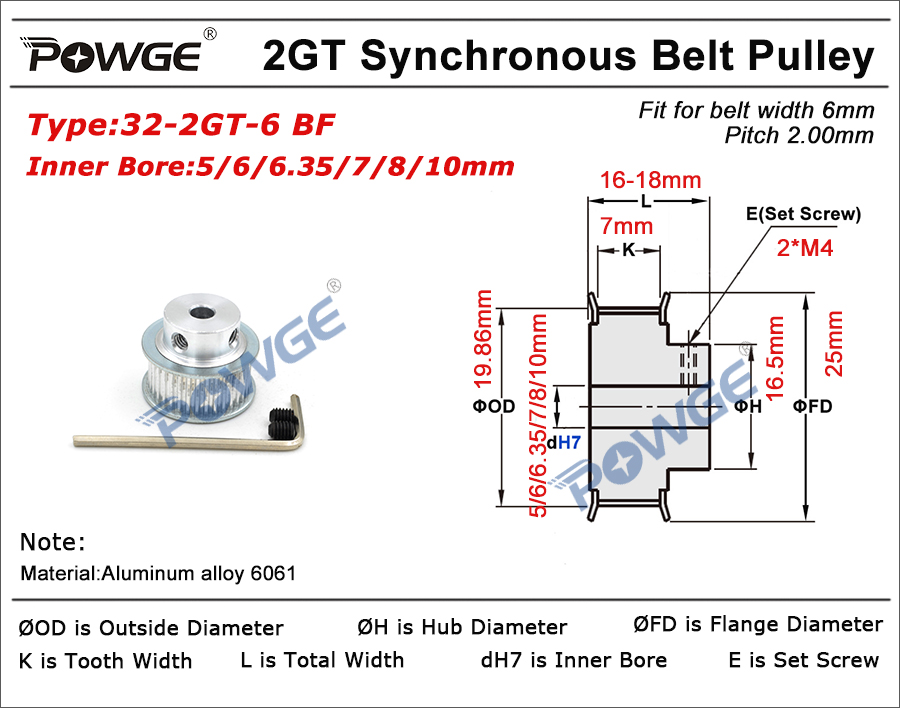 POWGE 1pcs 32 teeth 2M 2GT Timing Pulley Bore 5/6.35/8mm for width 6mm 2MGT GT2 Timing belt Small backlash Pulley 32Teeth 32T