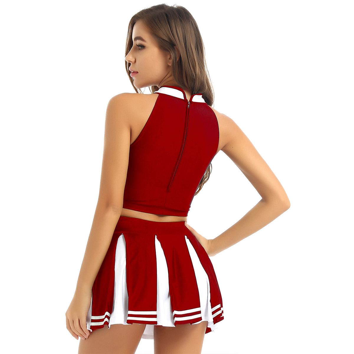 Women Adults Cheerleader Uniform Performance Outfit Japanese Schoolgirl Cosplay Costume Sleeveless Crop Top Mini Pleated Skirt