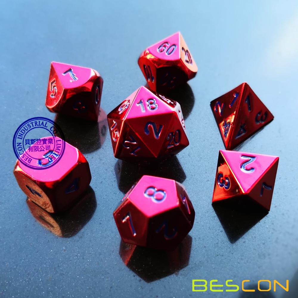 Bescon 7pcs Set Heavy Duty Metal Dice Set Glossed Color of Wine, Solid Metallic Polyhedral D&D Dice Set Wine Red w/ Blue Numbers