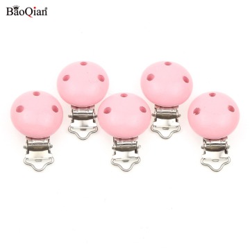 Pink 5Pcs Wooden Metal Baby Pacifier Clips Holders Clothing Round Clasps DIY Baby Suspender Garment Clips Accessories