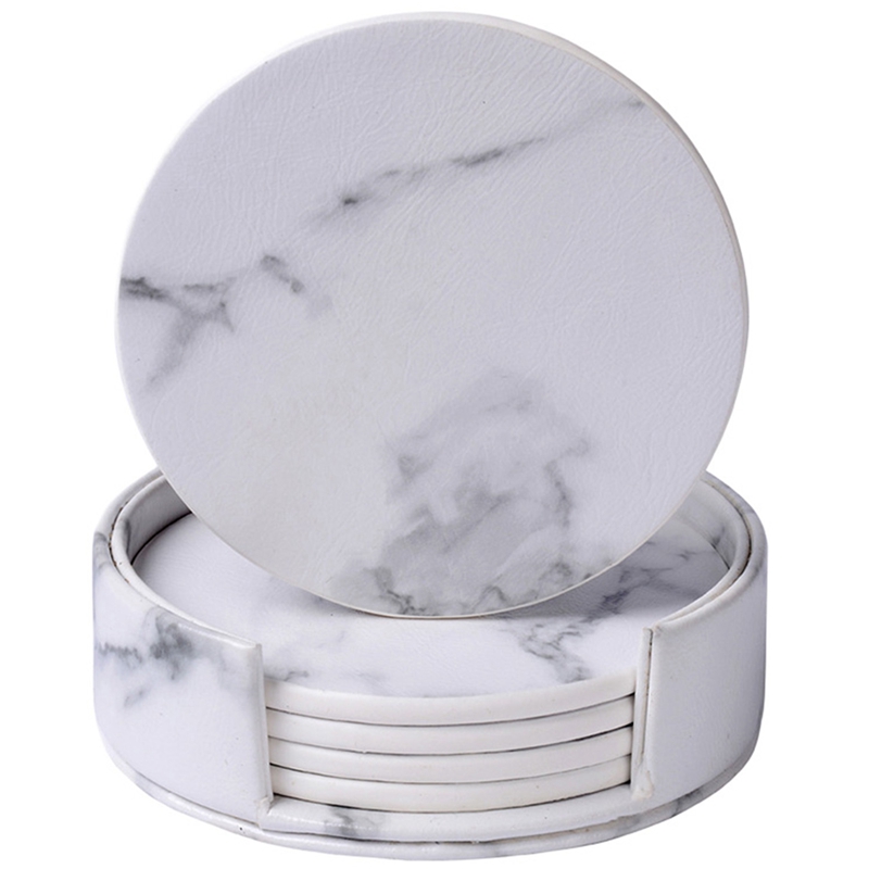 6 Pcs Coasters Marble Pu Leather Round Heat Insulation Table Placemat Drink Coasters Cup Mats For Home Table Kitchen Decor