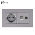 Coswall Simple Style PC Panel EU Russia Spain Wall Socket + Female TV Connector With CAT5E RJ45 Internet Data Computer Jack