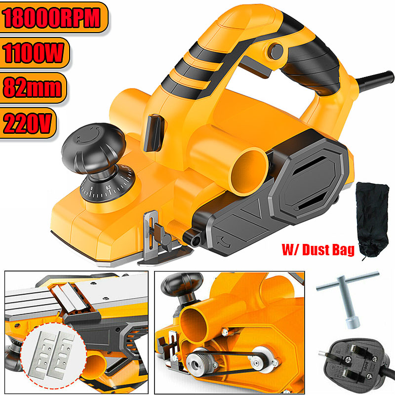 220V 1100W Power Electric Wood Planer W/ Dust Bag 82mm Blades Variable Speed Power Tool Hand Woodworking Cutting Machine