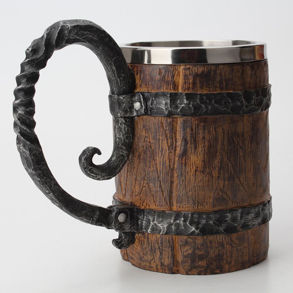 550ml Beer Mugs barrel Stainless Steel 3D Beer Mug Goblet Game Tankard Coffee Double Layer Cup Wooden Wine Mugs men Drinkware