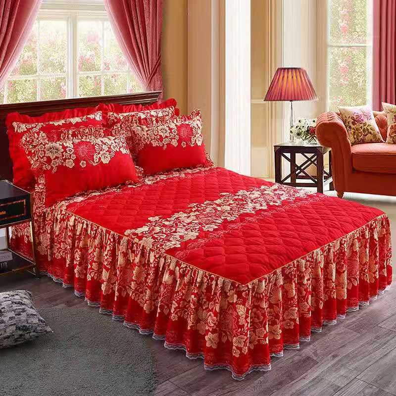 3 Pcs Winter Thicken Quilted Quality Bed Skirt Spread Queen King Size Home Decoration Bedding Set