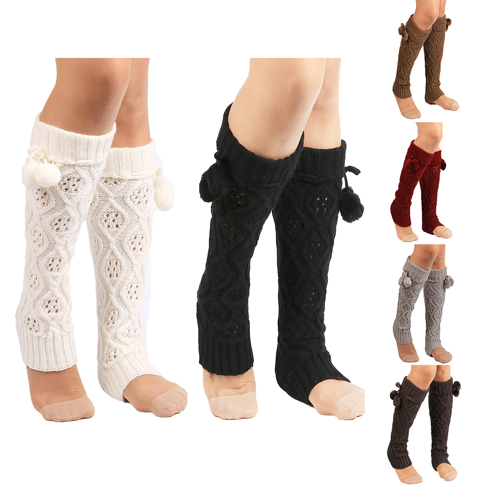 Women Fashion Knitting Footless Leg Warmers Knee High Boot Socks with Fur Ball New Year's Socks