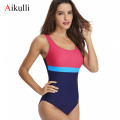 Aikulli 2020 New Women Athletic One Piece Swimsuits Racing Training Sports Bathing Suits Color Block Swimwear Patchwork Monokini