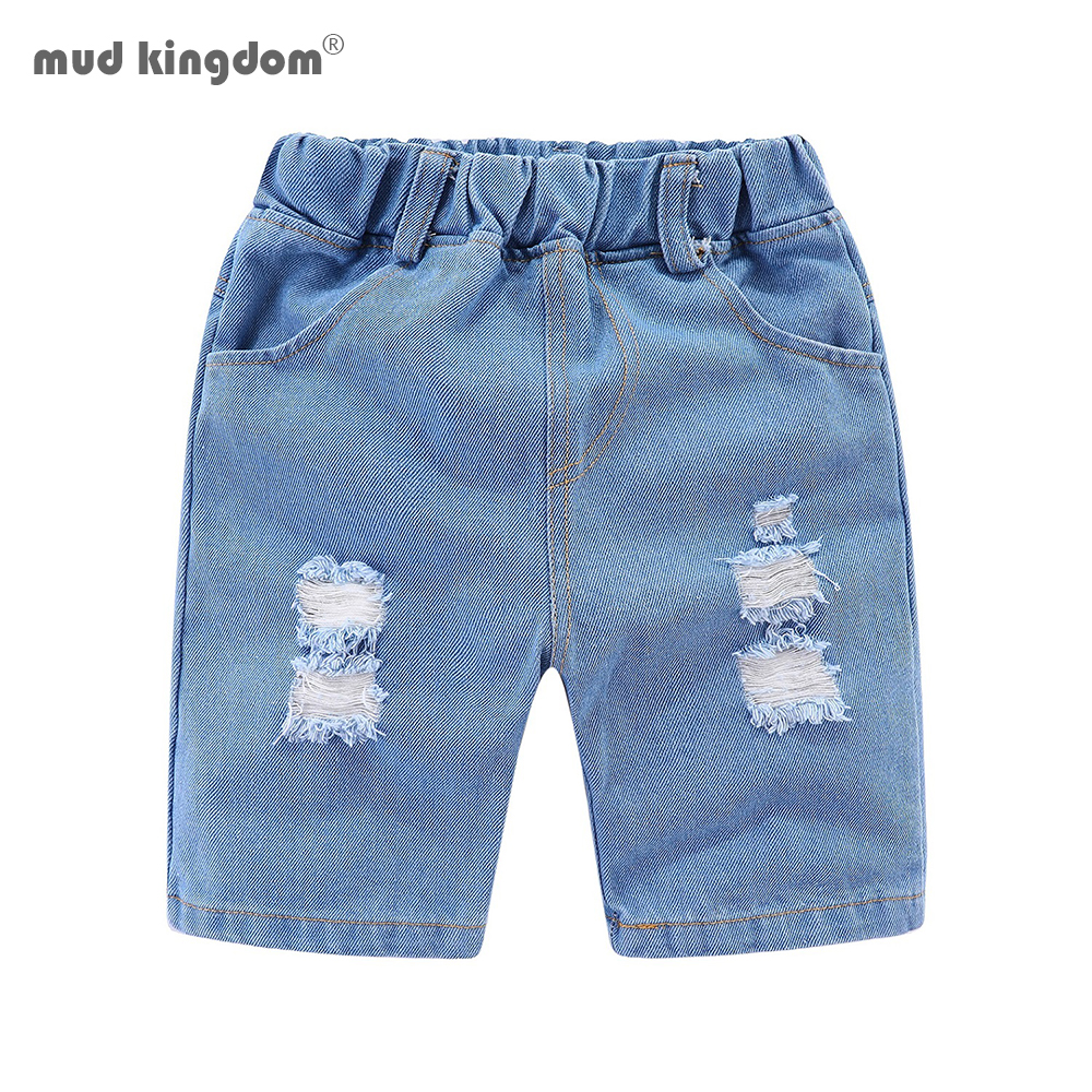 Mudkingdom Boys Denim Shorts Summer Fashion Solid Ripped Elastci Waist Boys Shorts