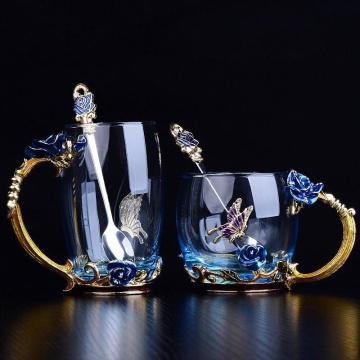 Blue Rose Crystal Cup Flower Tea Glass High-grade Glass Water Cup Flower Mug DDC-46