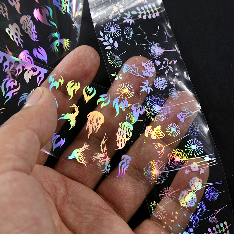 4*100cm/Roll Laser Glare Holographic Nail Stickers Flame Cute animal flower star pattern Nail Art Transfer Sticker Decals