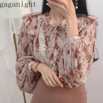 Gaganight Flower Chiffon Women Blouse Summer Autumn Ruffles Long Sleeve Bow Collar Shirts Female Vintage Elegant Chic Tops