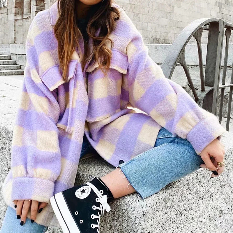 2020 Women Spring Fashion Warm Cotton Long Za Jacket Female Casual purple Plaid Long Outwear Chic Lady Single Breasted Shirts