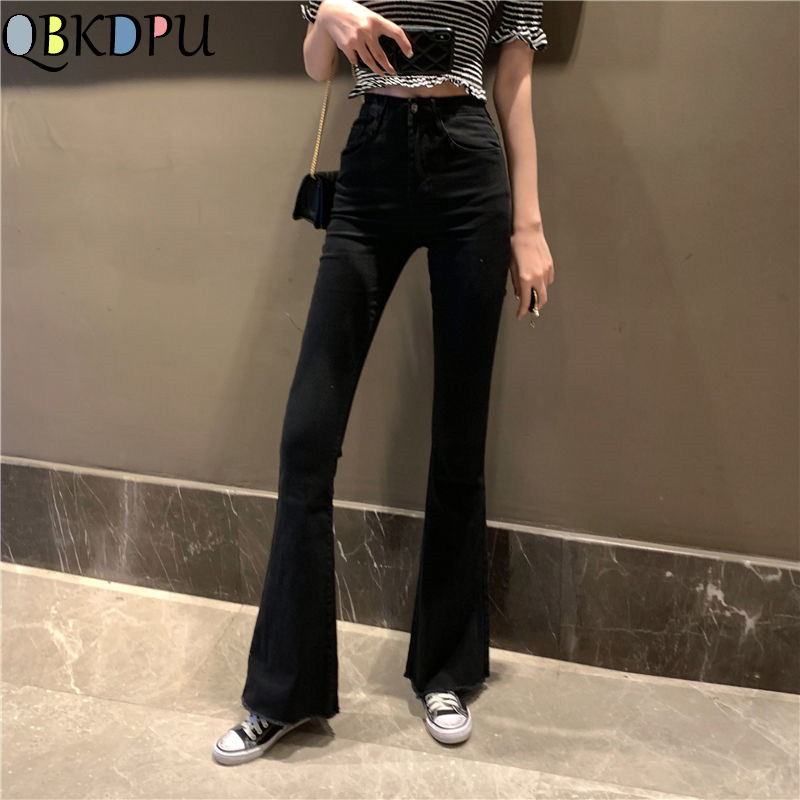 Female Vintage Black Bell Bottom Jeans Women Elastic Skinny Flare Jeans Mom Slim High Waist Denim Tassel Ankle pants Streetwear