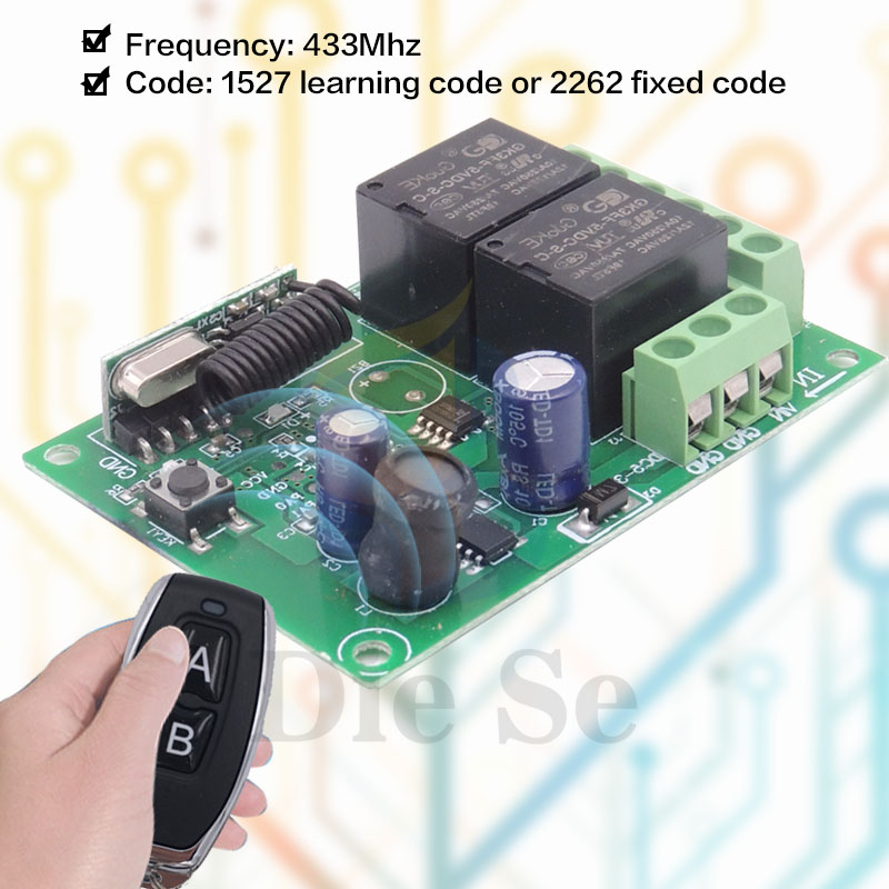 433 MHz Wireless Universal Remote Control Switch DC 12V 24V 2CH rf Relay Receiver and Transmitter for Garage and Gate Controller