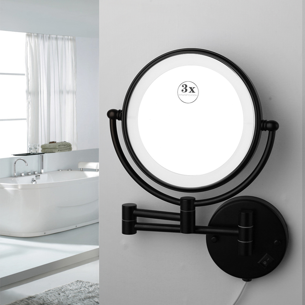 Monite Matte Black Makeup Mirror LED Wall Mounted Extend Folding 2 Faces LED Light Mirror 3x Magnification Bath Toilet Mirror