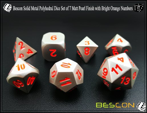 Bescon Solid Metal Polyhedral Dice Set of 7 Matt Pearl Finish with Bright Orange Numbers-5