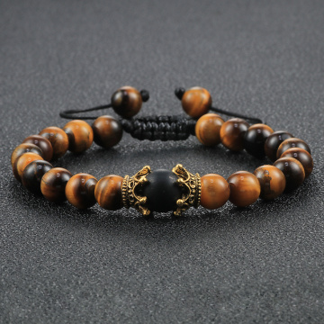 New Adjustable Tiger Eye Stone Bracelet Charm King Crown Men Black Onyx Hematite Beads Bracelets Bangles Jewelry Male Pulseira