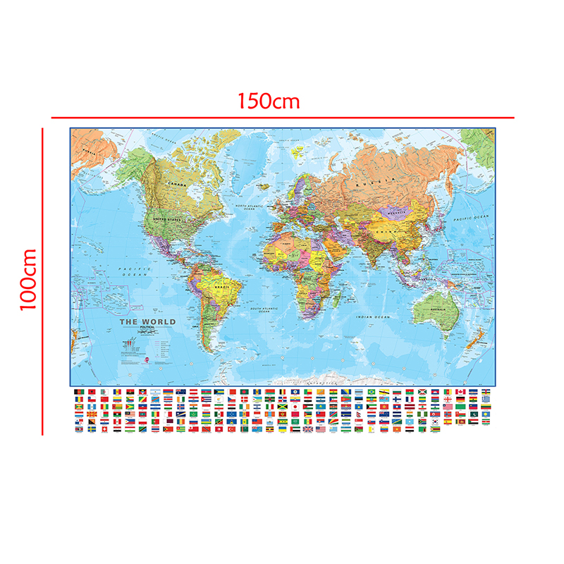 World Map with National Flags 150x100cm The World Political Physical Map Foldable Map for Culture Travel Office School Supplies