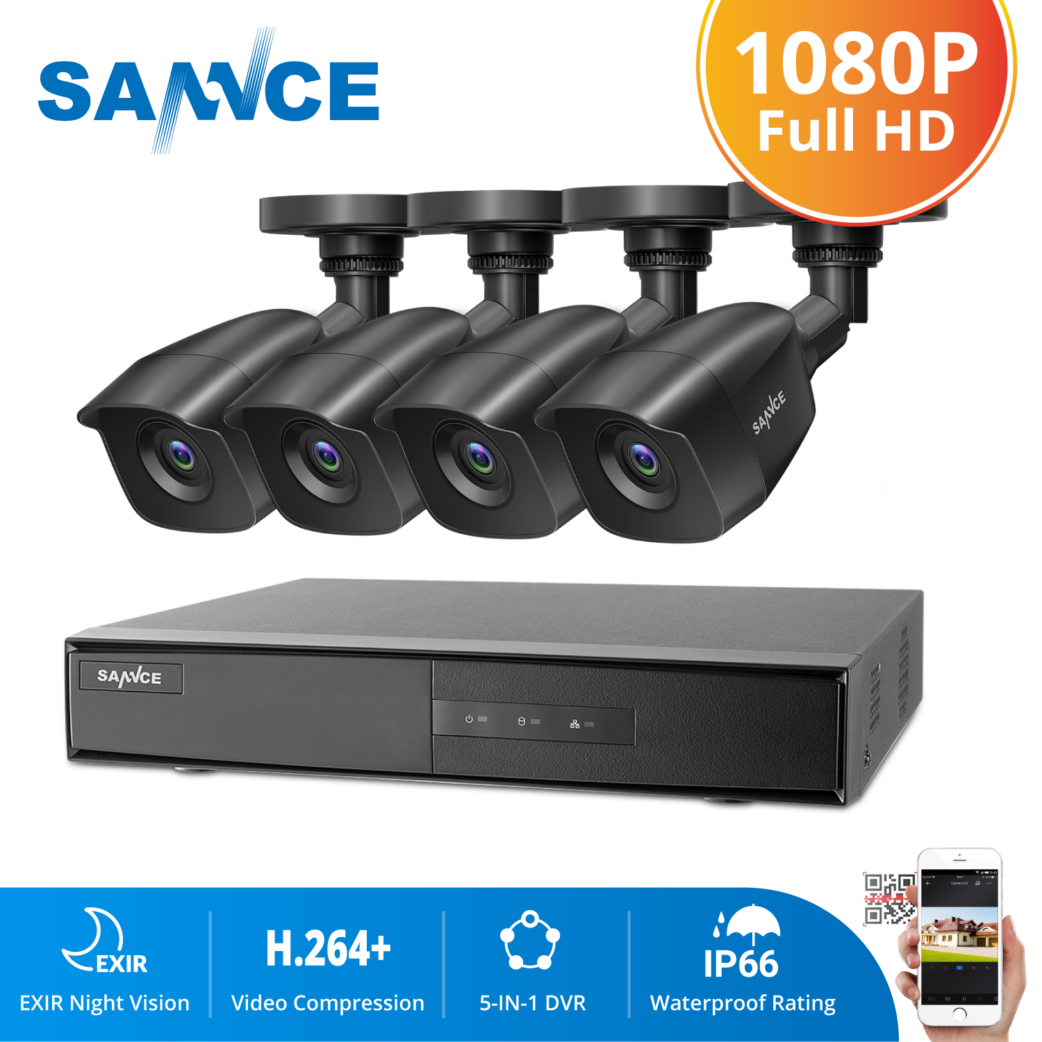 SANNCE 4CH HD 1080P CCTV System 1080P Output CCTV DVR HD 2.0MP Security Cameras IR night Waterproof Surveillance kit