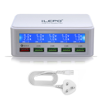 ILEPO Quick Charge QC3.0 USB Charger Station 50W 5V2.4A*5 USB A Screen Display Safety Charger for iphone ipad PC Kindle Tablet