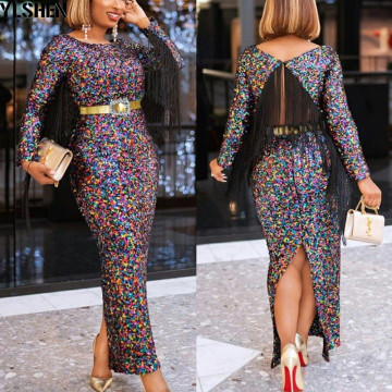 Elastic Sequins Long Sleeve Clothing African Evening Dresses For Women Party Fashion Robe Africaine Maxi Dress Africa Clothes