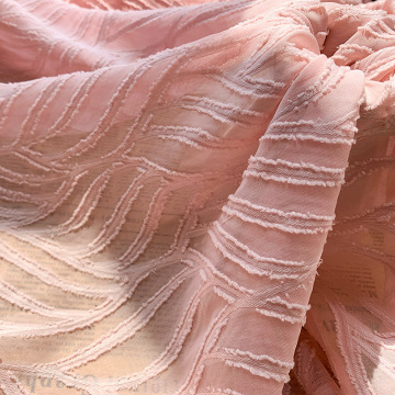 Pink Jacquard Chiffon Fabric Leaf Striped Pattern for Women Dress, Shirts Black, White, Apricot, Blue by the meter