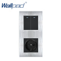 EU Socket Wallpad Luxury 2 Gang 2 Way On/Off Satin Metal Panel Rocker Wall Light Switch and EU Socket