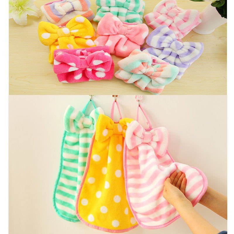 2pc Velvet Hand Towel Pot Anti-hot Pad Home Kitchen Cleaning Cloth Bow Decor Hand Dry Hanging Towel