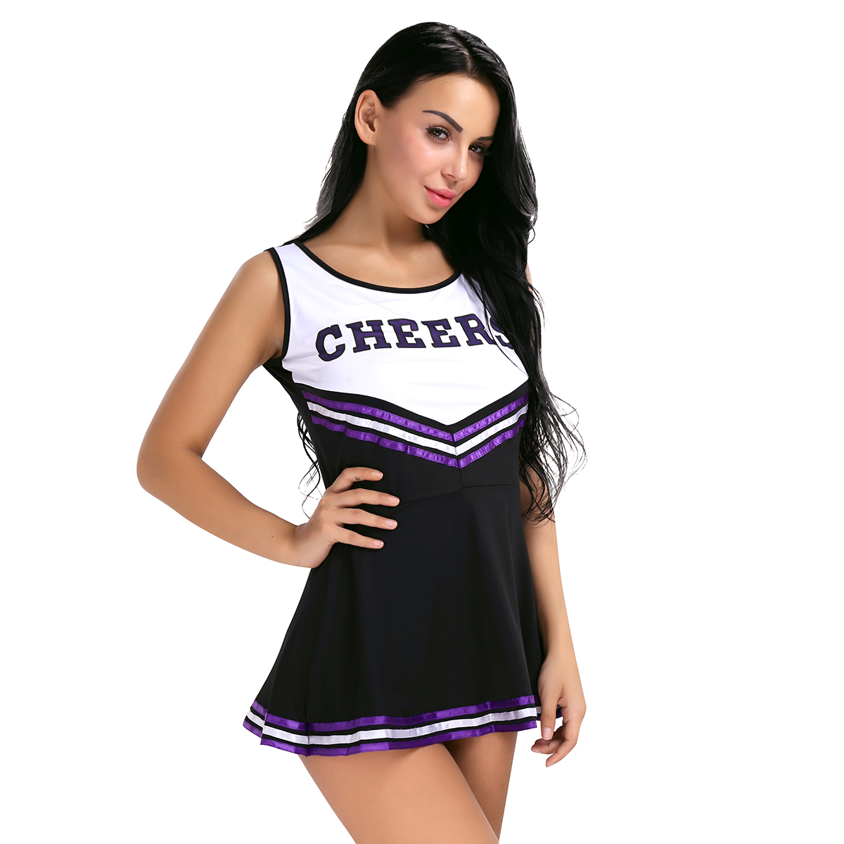 Womens Cosplay Party Costume Cheerleader School Uniform Sleeveless Round Neck Printed "CHEERS" Letters Fancy Mini Striped Dress