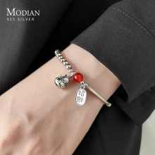 Modian Crystal Balls Cute Cat Lettering Geomatric Oval Light Beads 925 Sterling Silver Bracelet Bangle for Women Fine Jewelry