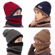 2019 New Winter Children Knitted Hat Ring Scarf Sets Kids Warm Baby Plus Velvet Thick Soft Cap Boys Girls Fleece Lining Beanies
