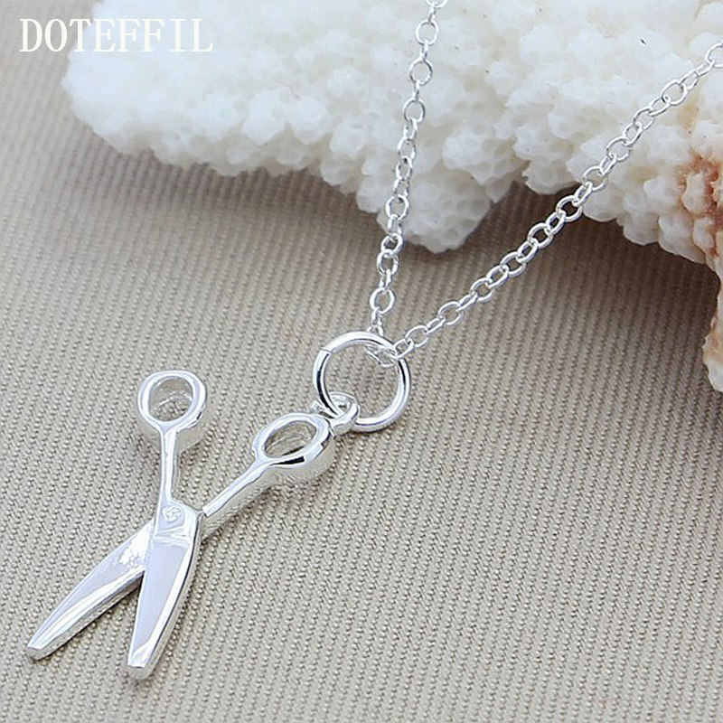 DOTEFFIL 925 Sterling Silver 18 Inch Chain Scissors Pendant Necklace For Woman Fashion Wedding Engagement Party Charm Jewelry