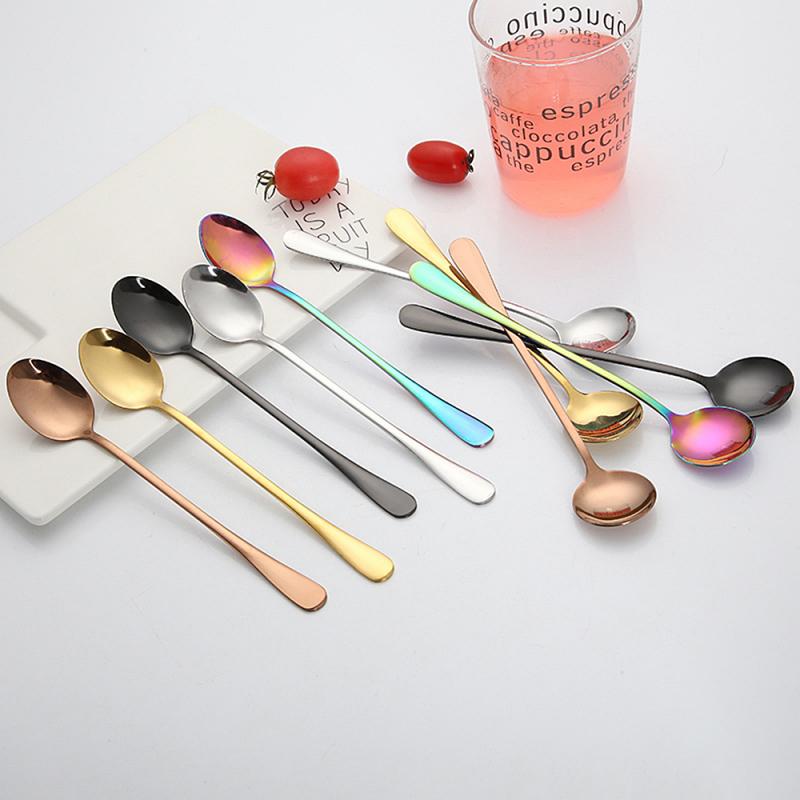 2020 New Stainless Steel Round Head Long Handle Colorful Spoon Flatware Coffee Drinking Tools Kitchen Gadget Dropshipping TSLM1