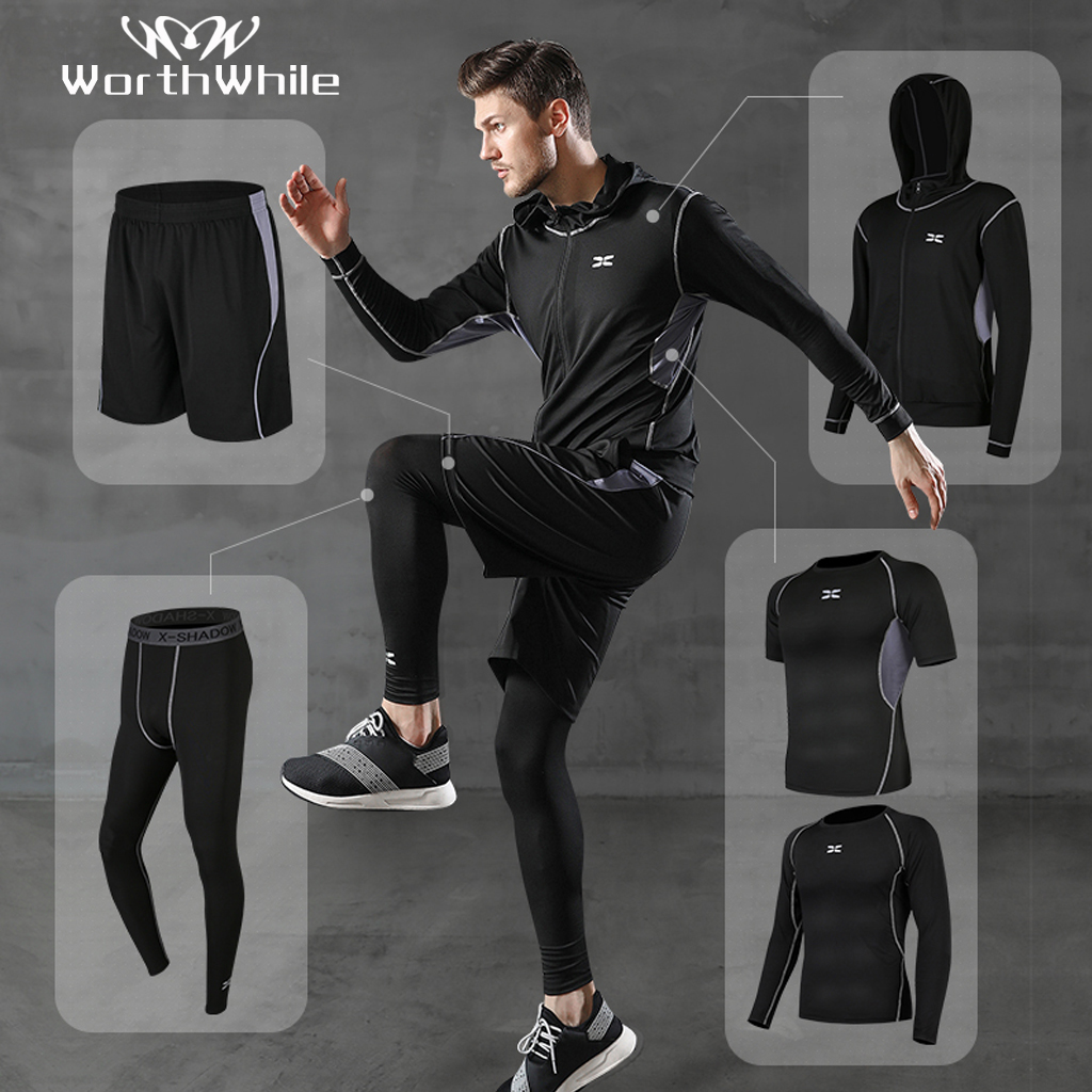 WorthWhile 5 Pcs/Set Men's Tracksuit Compression Sports Wear for Men Gym Fitness Clothes Running Jogging Suits Exercise Workout