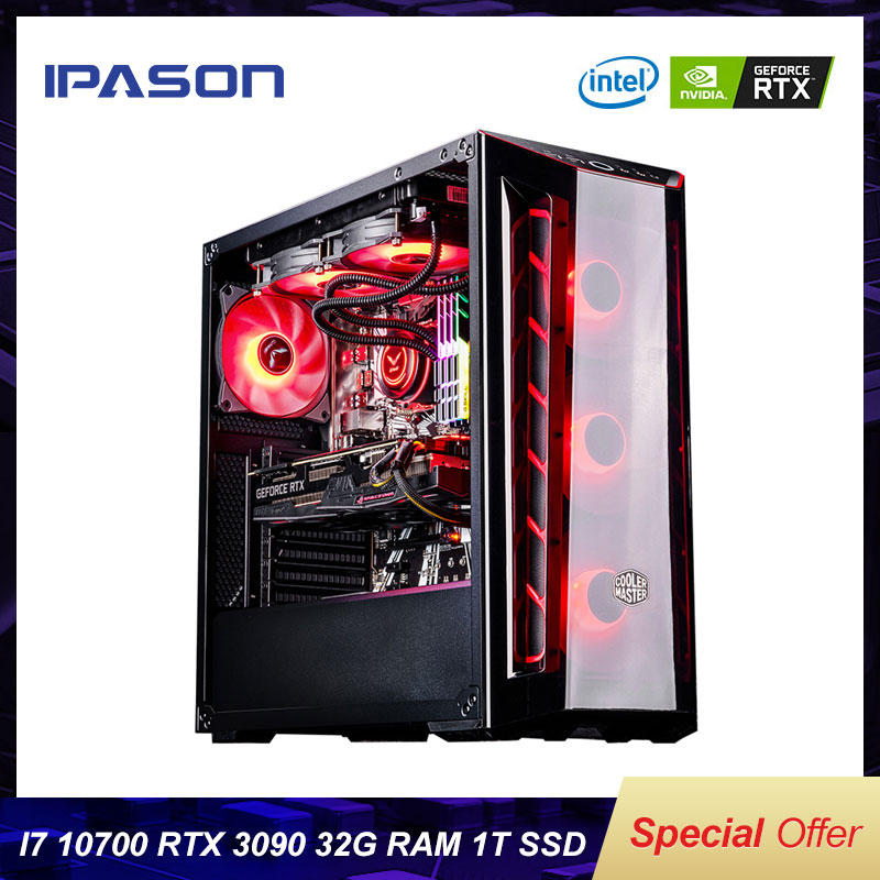 IPASON I7 10700K/RTX3090 PUBG Gaming Desktop Computer Host 32G RAM/1T SSD NVMe High Performance Machine Water-Cooled Computer