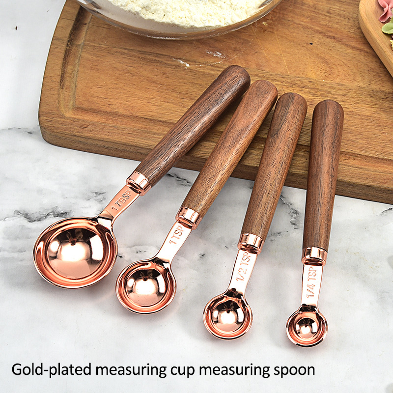 4pcs/set Rose Gold Measuring Cups Measuring Spoon Scoop Walnut Wooden Handle Kitchen Measuring Tool Plating Measuring Cups Spoon