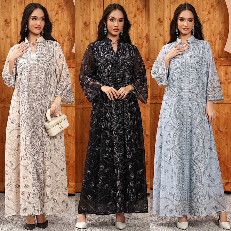 Rhinestone Printed Abaya Dress Detail