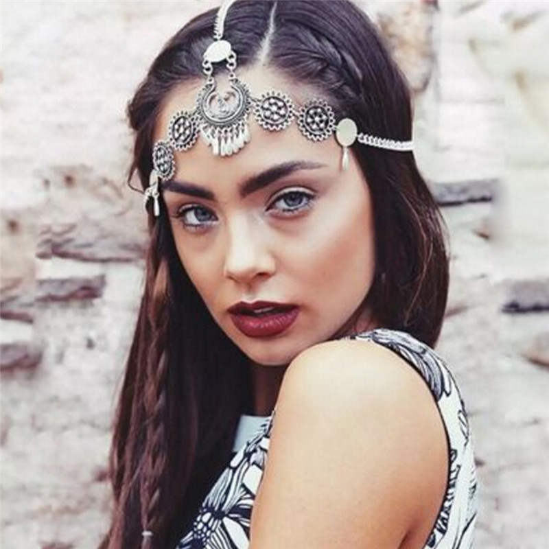 Boho Vintage Silver Metal Braided Festival Headband Flower Headwear India Ethnic Head Chain Forehead Hair Jewelry For Women Girl