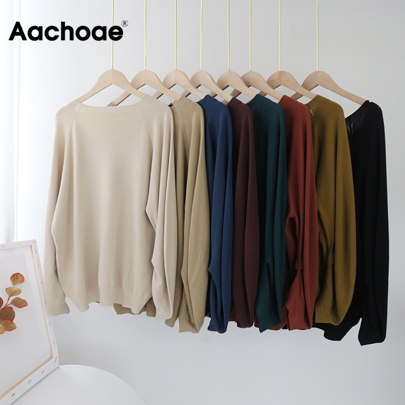 Aachoae Casual Solid V Neck Sweater Women Irregular Long Sleeve Pullover Sweaters Base Loose Lady Sweaters Sueter Mujer 2020