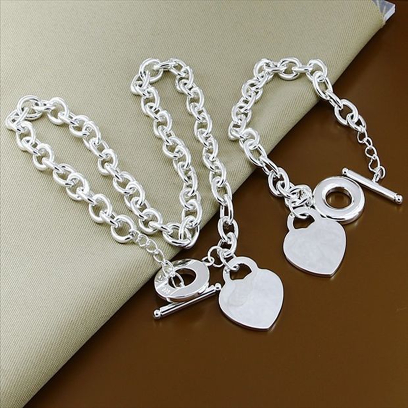 925 Sterling Silver Jewelry Fashion Heart Chain Bracelet Necklace Two-Piece Jewelry Sets Trendy Jewelry Gifts