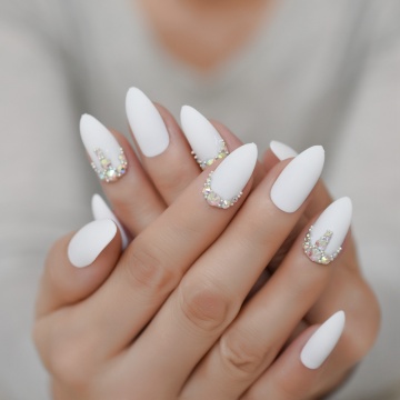 Matte Custom Fake Nails Craft White Decorative Luxury Nails Stiletto Rhinestones Designed Fingernails with Glue sticker 24pcs