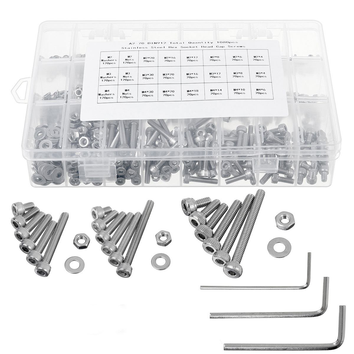 500/1080pcs M2 M3 M4 M5 Hex Socket Screw Set Carbon Steel Flat Round Cap Head Screws Bolts and Nuts Assortment Kit w/Storage Box