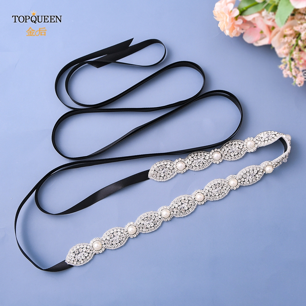 TOPQUEEN S435 Wedding Belt for Bride Dress Jeweled Belt Sash Silver Waist Belts for Women for Dresses Pearl Rhinstone Belt
