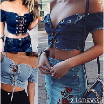 Sexy Women Off Shoulder Bandage Denim Crop Top Bustier Female Party Short Jean Camisole Tank Tops