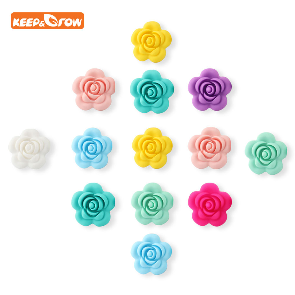Keep&grow Wholesale 10pcs/lot Rose Silicone Beads Flower Baby Teethers BPA Free Baby Teething Toy Accessories For Pacifier Chain
